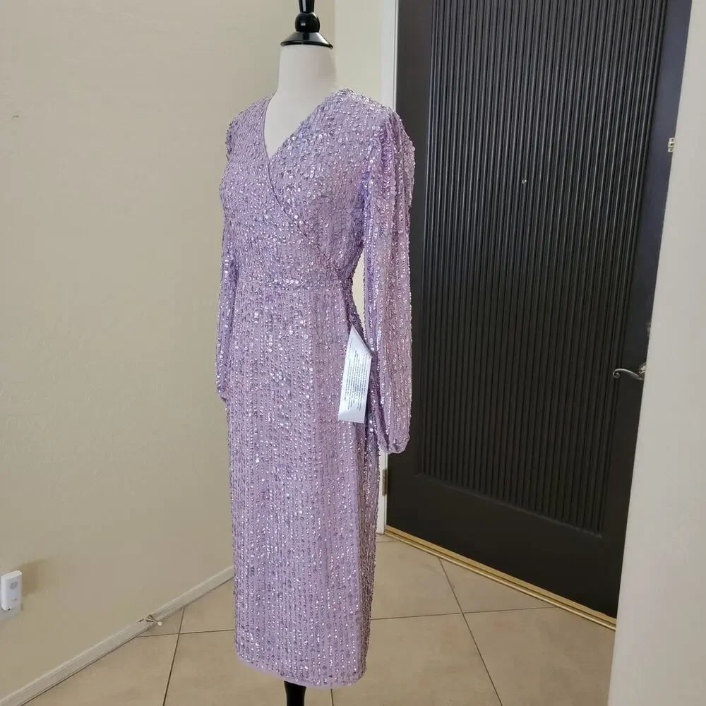 Mac Duggal 107641 Lavender Purple Sequin V Neck Long Sleeve Midi Dress 2 - Picture 6 of 13